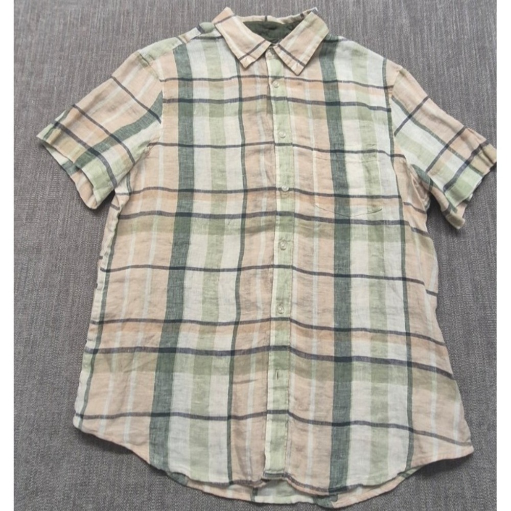NWT Daniel Hechter men's modern fit plaid short sleeve shirt LG 100% Linen